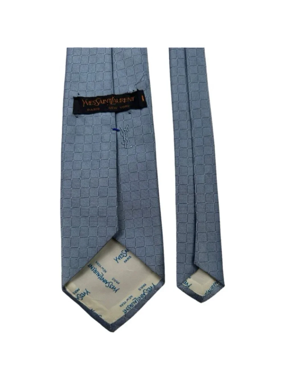 Yves Saint Laurent YSL Neck Tie Blue Logo Geometric Silk Italy W: 3.5” L: 56”